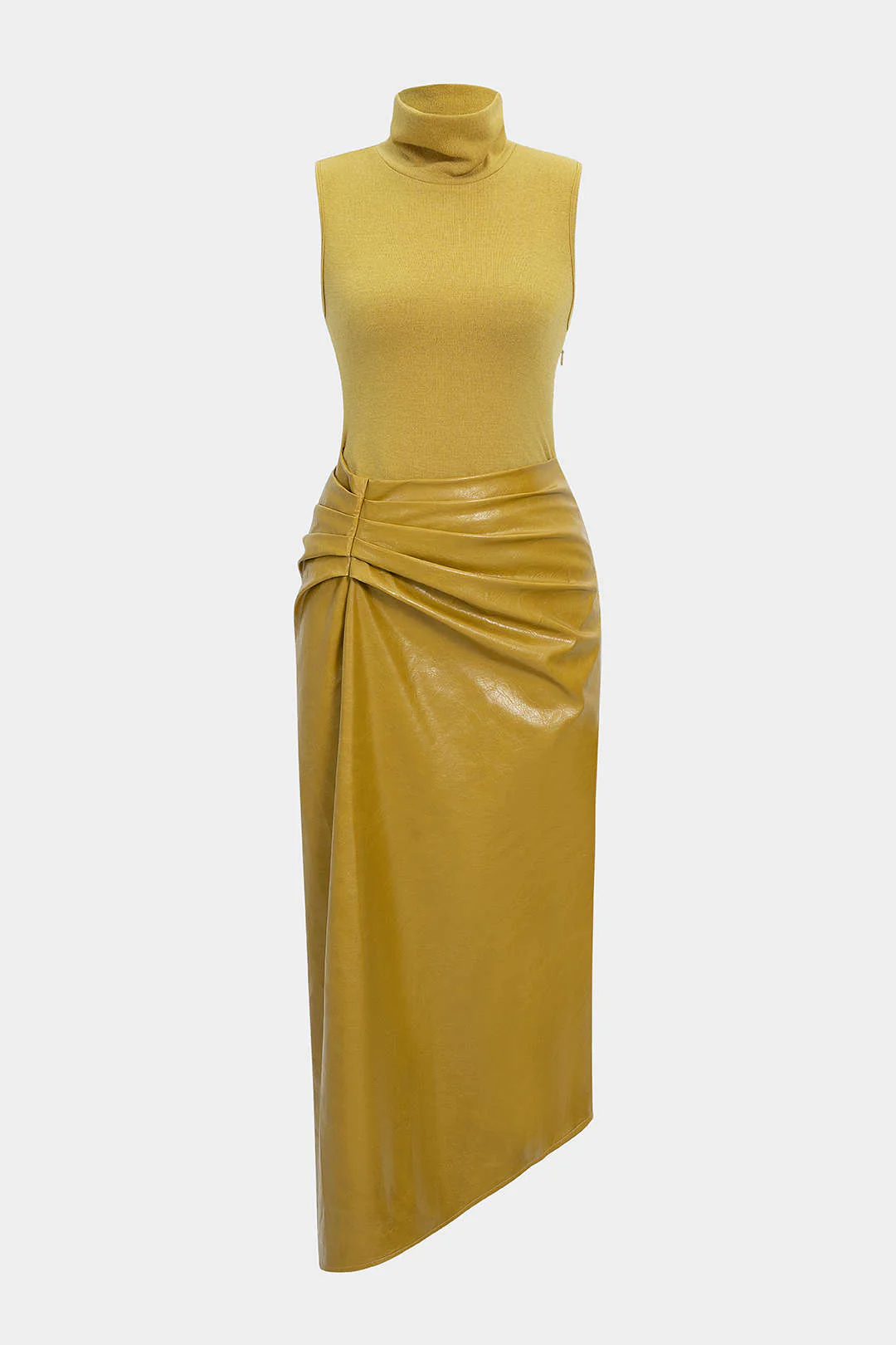 Faux Leather Patchwork High Neck Pleated Sleeveless Maxi Dress - Flockneti