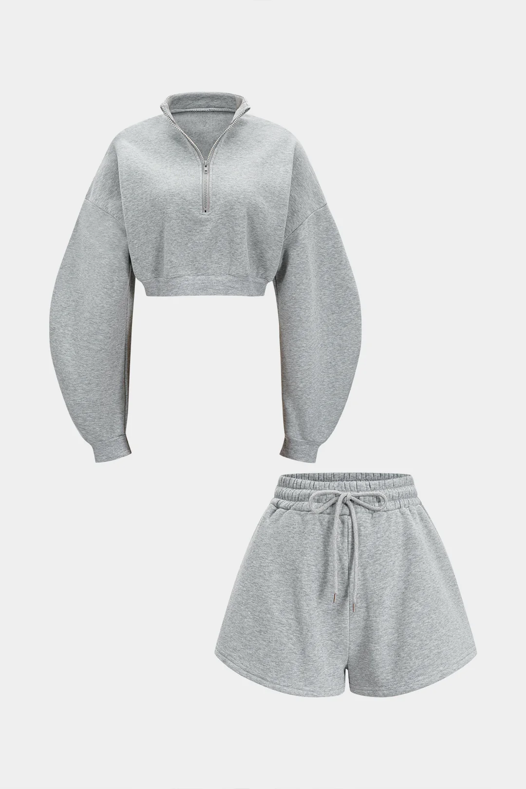 Solid Zipper Long Sleeve Cropped Sweater And Drawstring Wide Leg Shorts Set - Flockneti