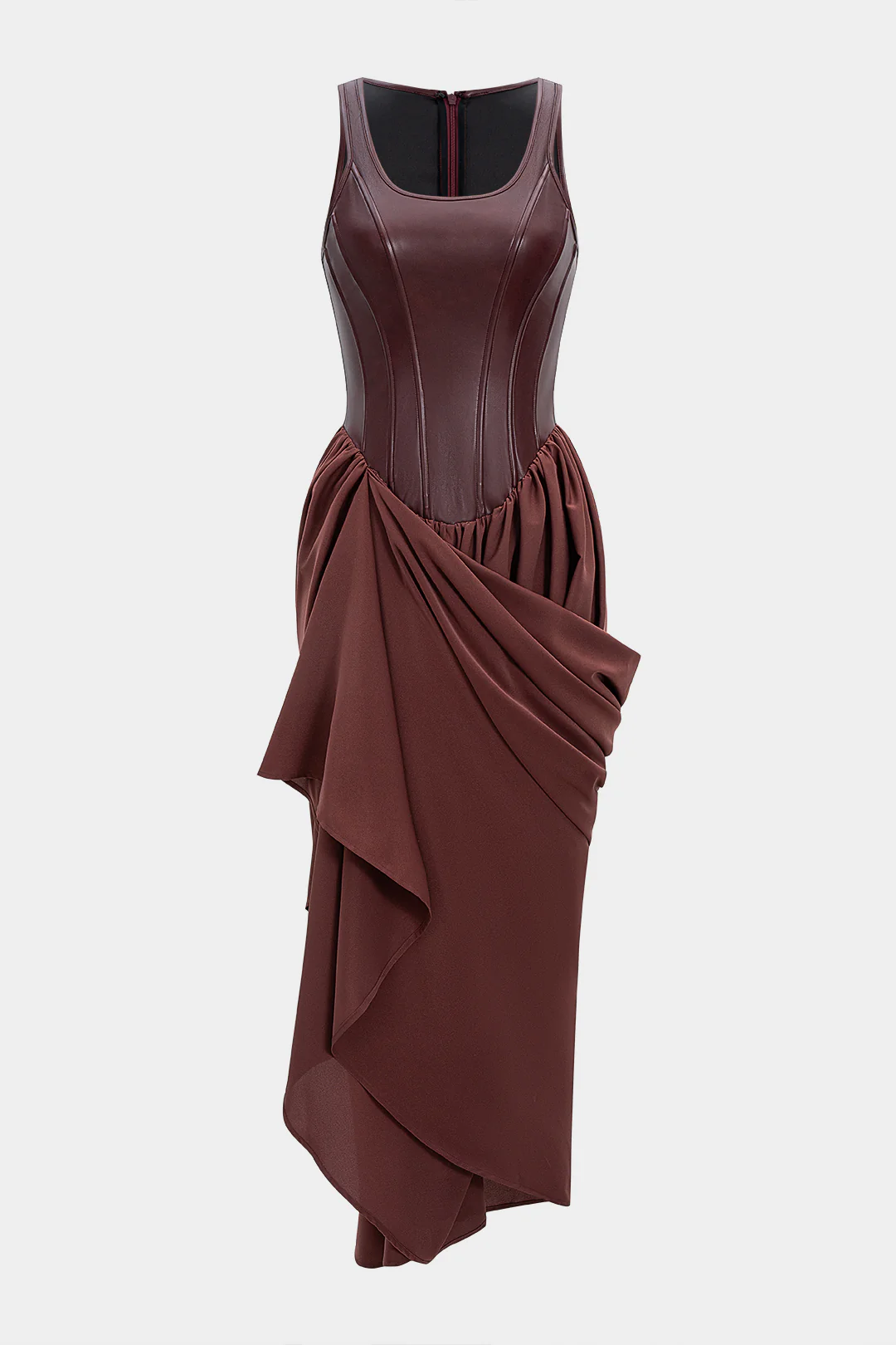 Faux Leather Patchwork Ruched Asymmetrical Sleeveless Maxi Dress - Flockneti