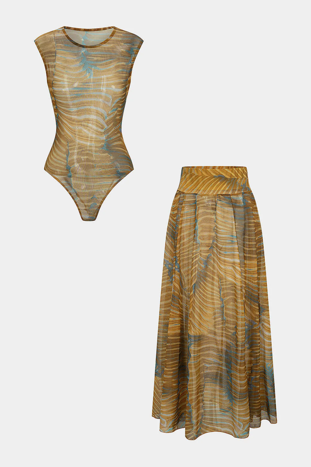 Abstract Print Mesh Sleeveless Bodysuit And Ruched Skirt Set - Flockneti