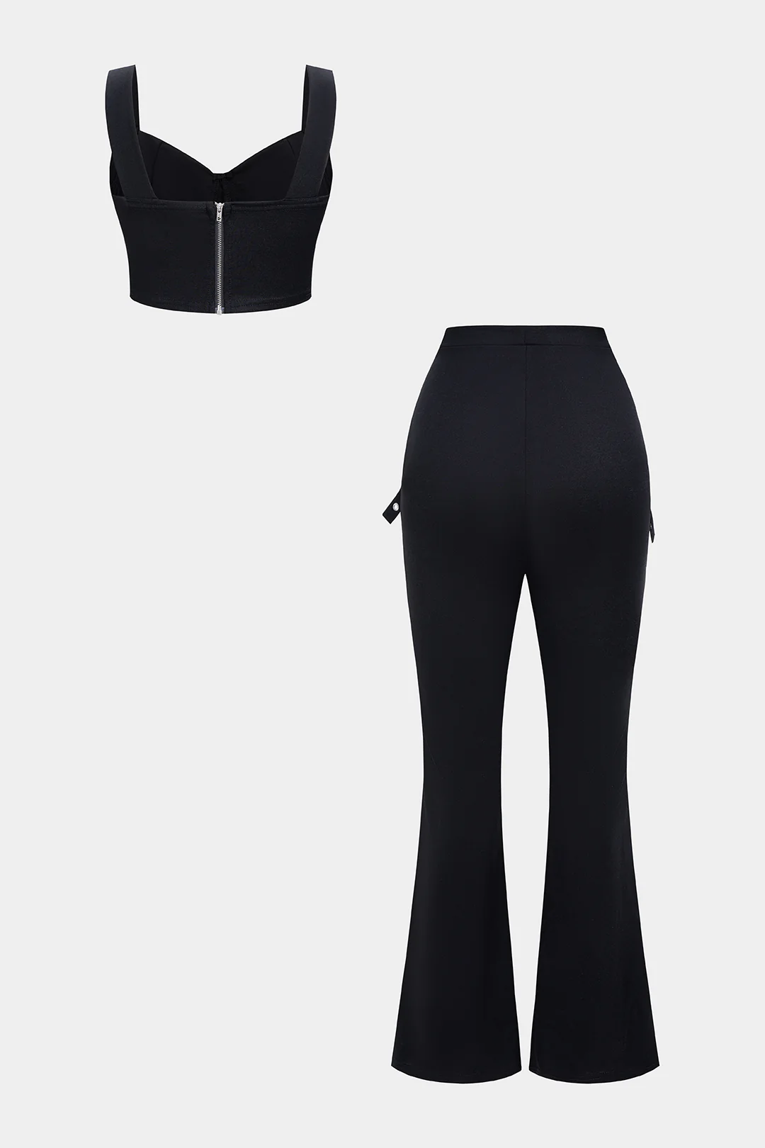 Solid Zipper Cami Top And Belted Pants Set - Flockneti