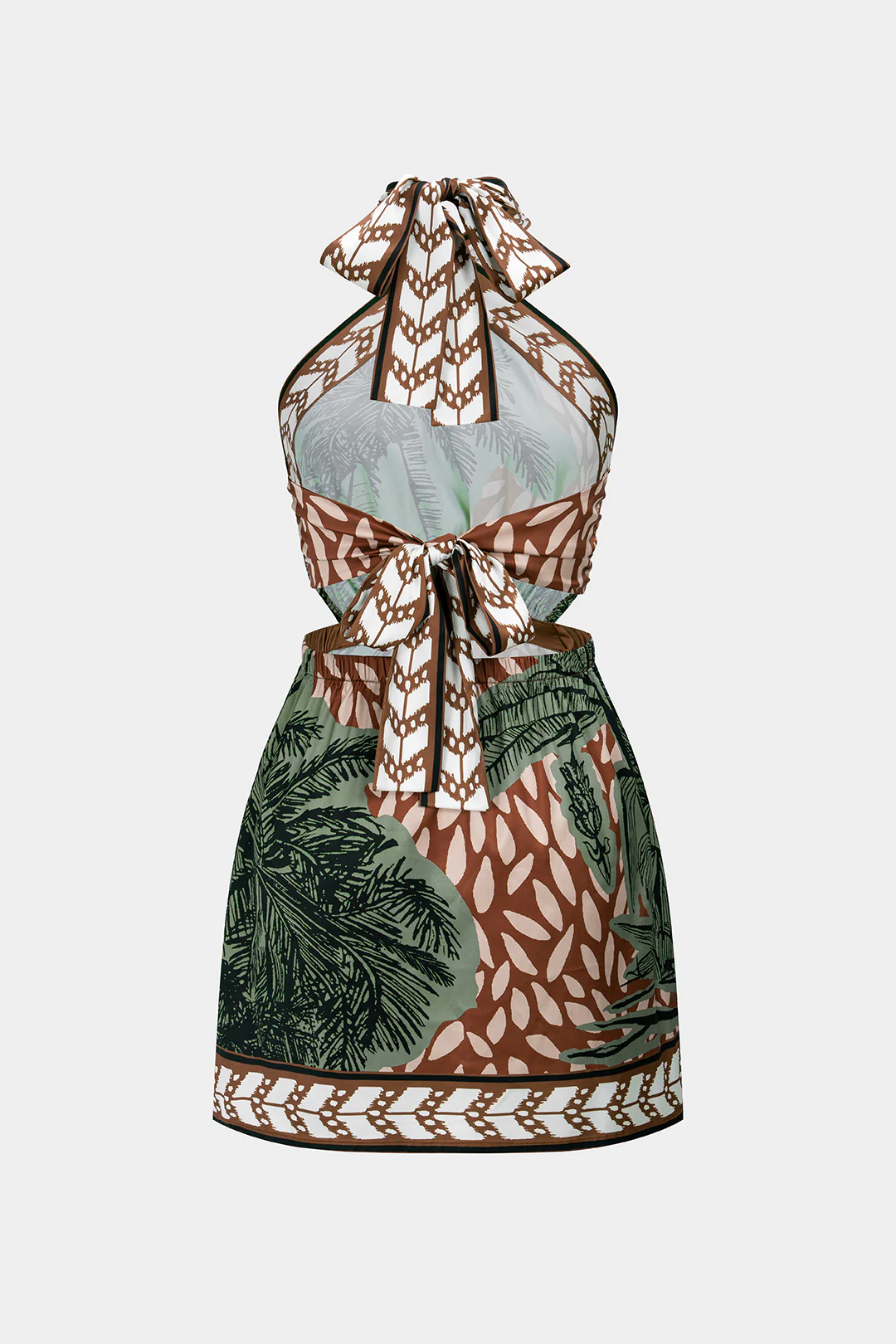 Leaves Print Satin Halter Neck Tie Back Backless Sleeveless Mini Dress - Flockneti