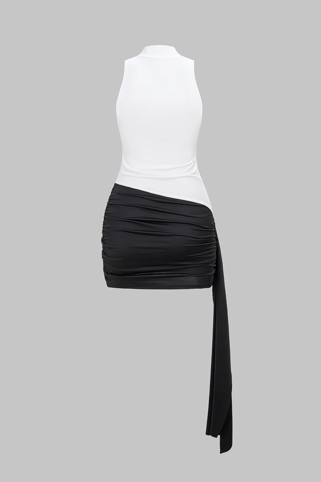 Contrast Mock Neck Ruched Strappy Sleeveless Mini Dress - Flockneti