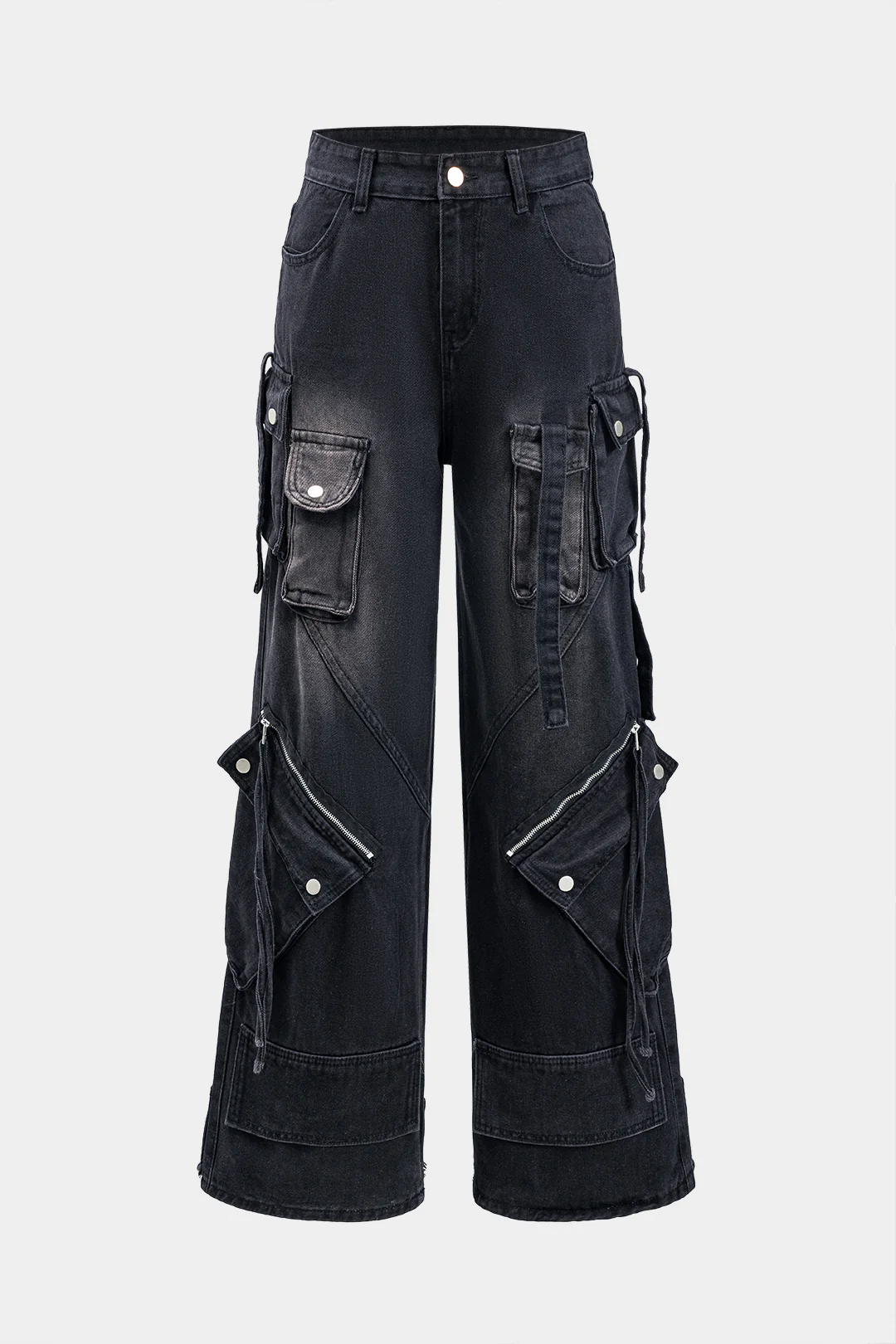 Denim Zipper Asymmetrical Multi-Pocket Jeans - Flockneti