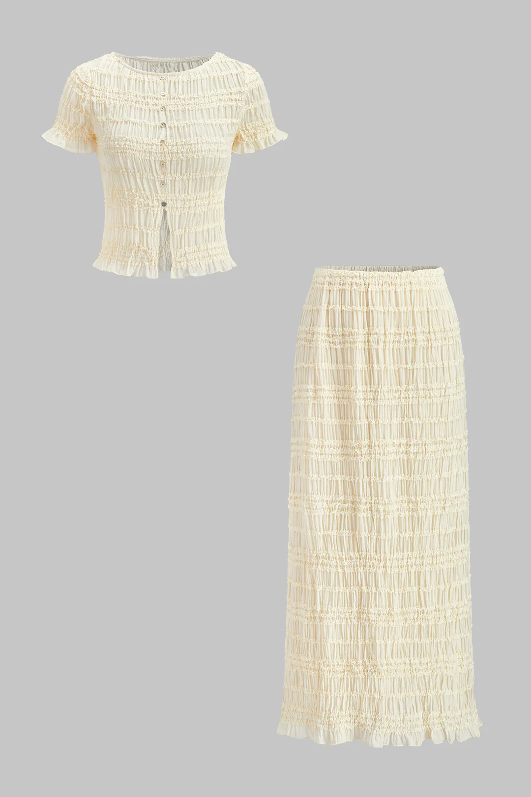 Chiffon Shirred Ruched Short-Sleeve Top And Skirt Set - Flockneti