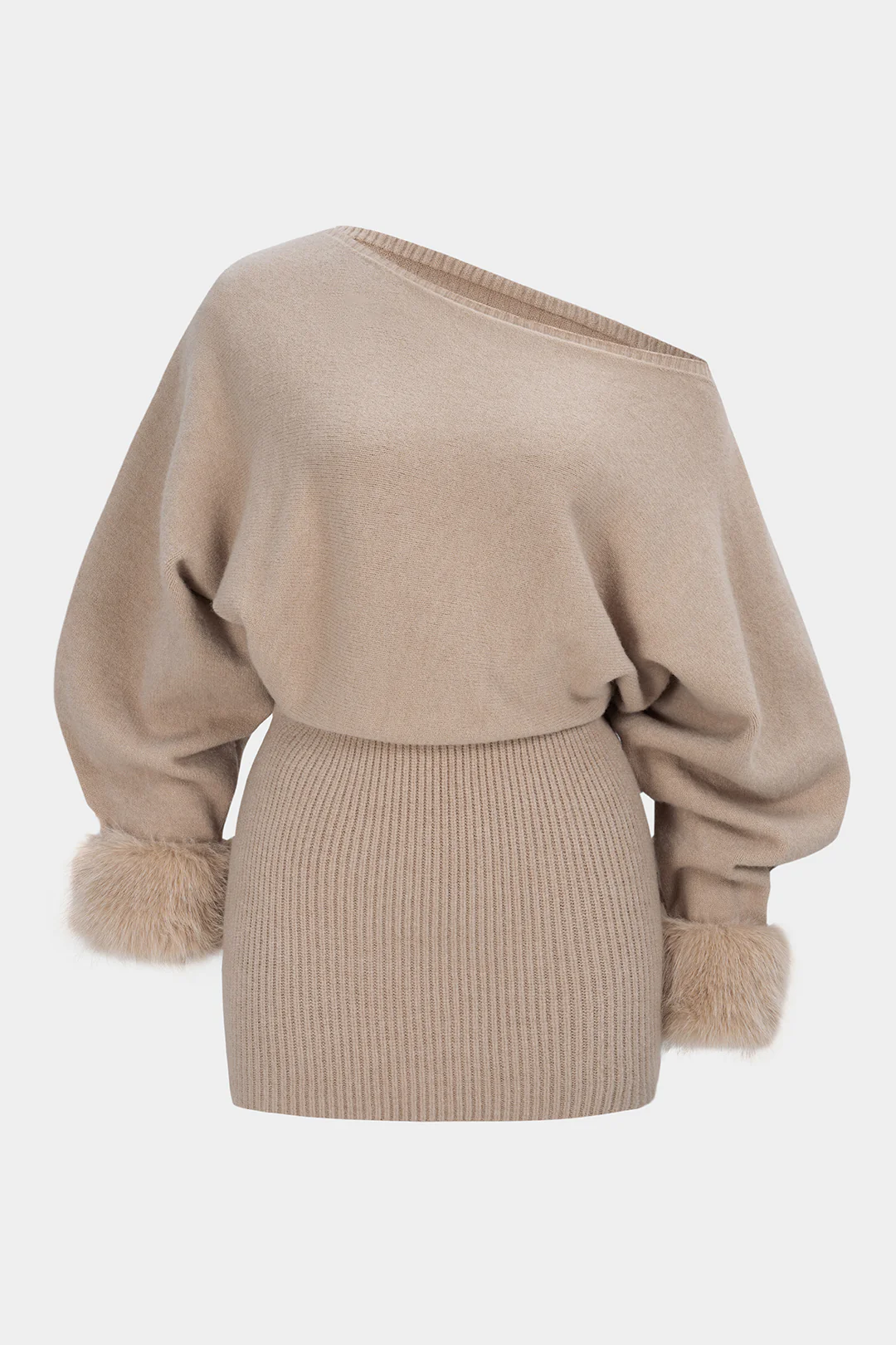 Knit Patchwork Faux Fur One Shoulder Long Sleeve Mini Dress - Flockneti