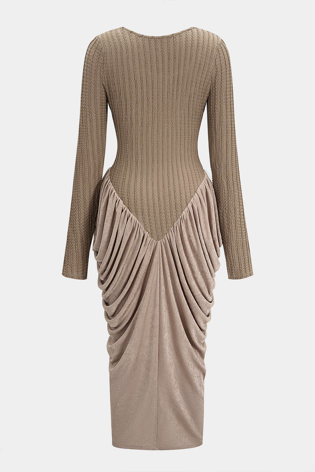 Round Neck Patchwork Ruched Long Sleeve Maxi Dress - Flockneti