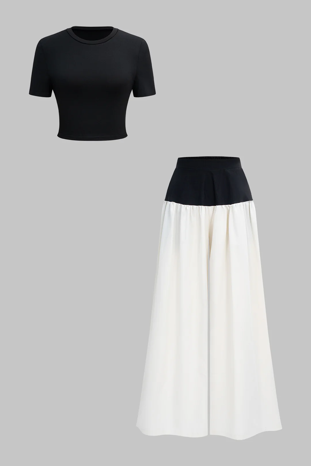 Solid Short-Sleeve T-Shirt And Contrast Ruched Wide Leg Trousers Set - Flockneti