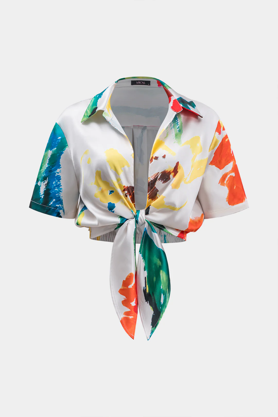 Satin Ruched Tie Front Short-Sleeve Shirt - Flockneti