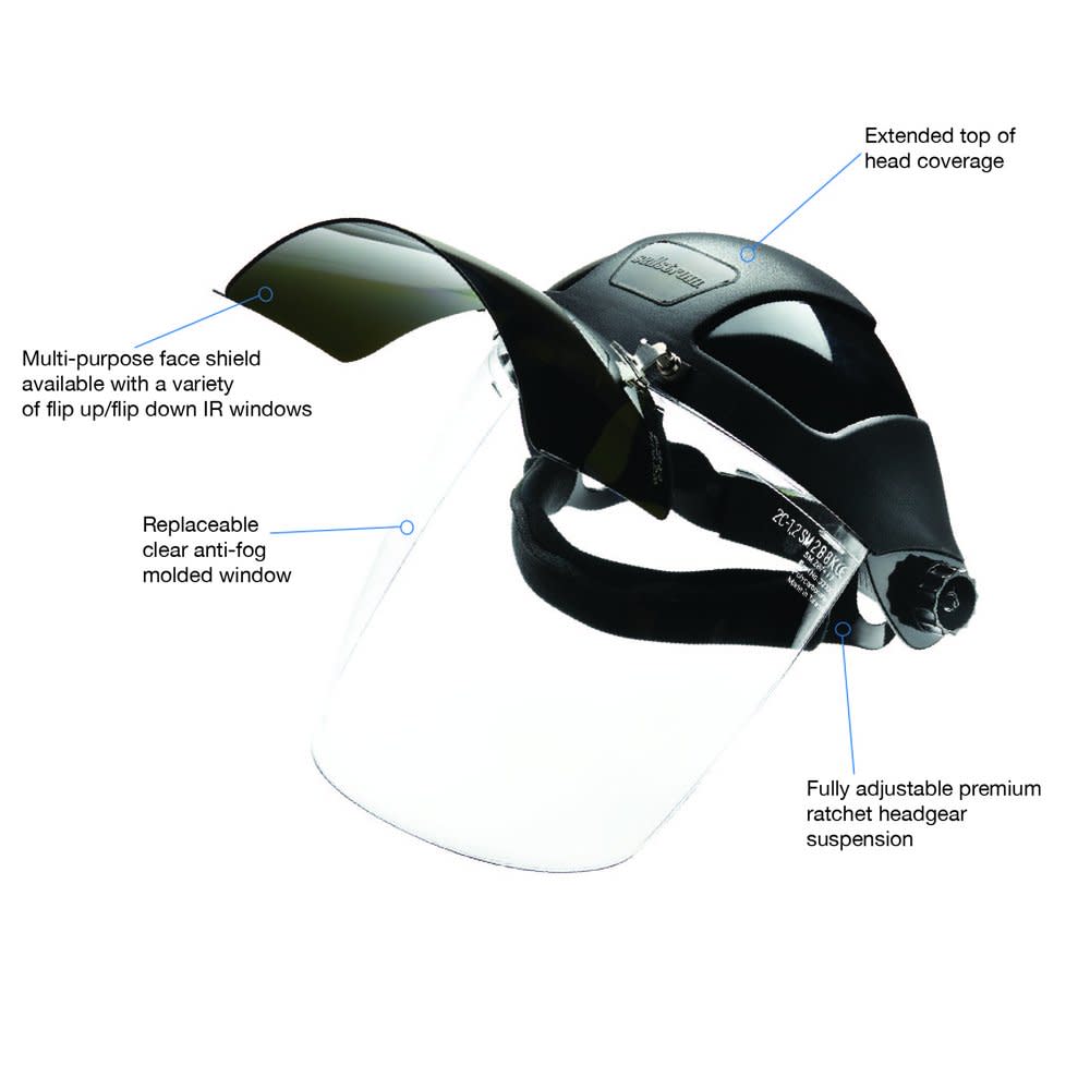 Sellstrom Multi-Purpose Single Crown Face Shield with Universal Slot Adapter Clear Polycarbonate Window Anti-Fog Coating Shade 5 UV/IR Flip Front Visor Black Crown - Flockneti