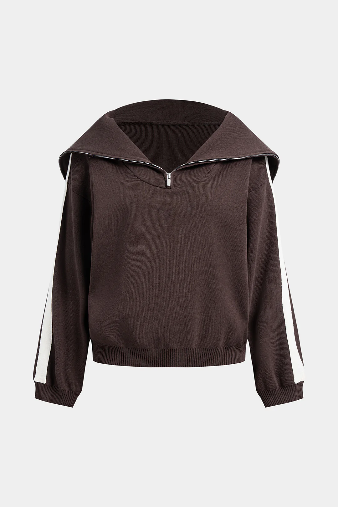 Knit Zipper Lapel Long Sleeve Top - Flockneti