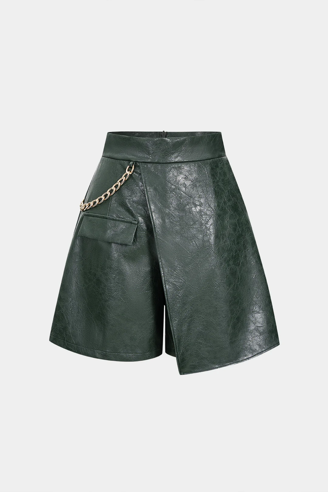 Faux Leather Metallic Asymmetrical Shorts - Flockneti