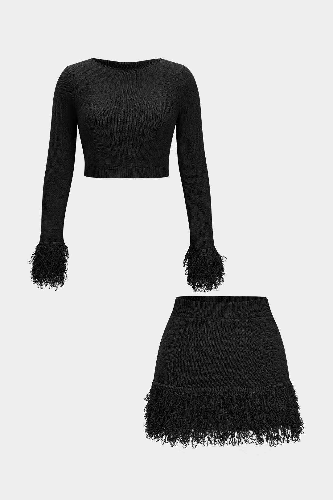 Knit Fringe Long Sleeve Top And Mini Bodycon Skirt Set - Flockneti