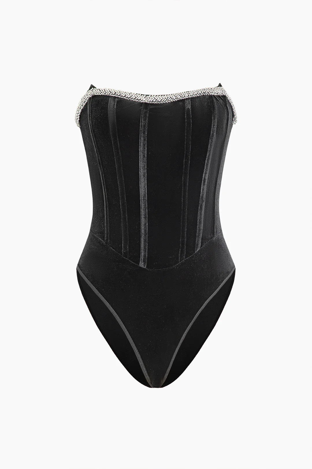 Velvet Rhinestone Decor Strapless Sleeveless Bodysuit - Flockneti