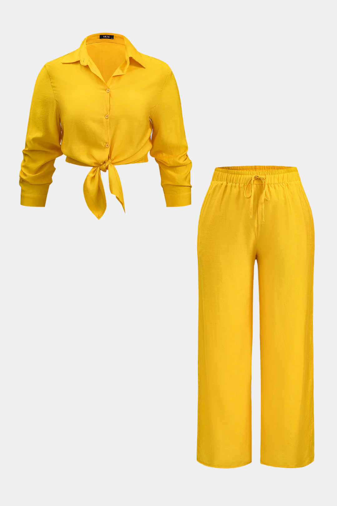 Plus Size Tie Front Shirt And Wide Leg Pants Set - Flockneti