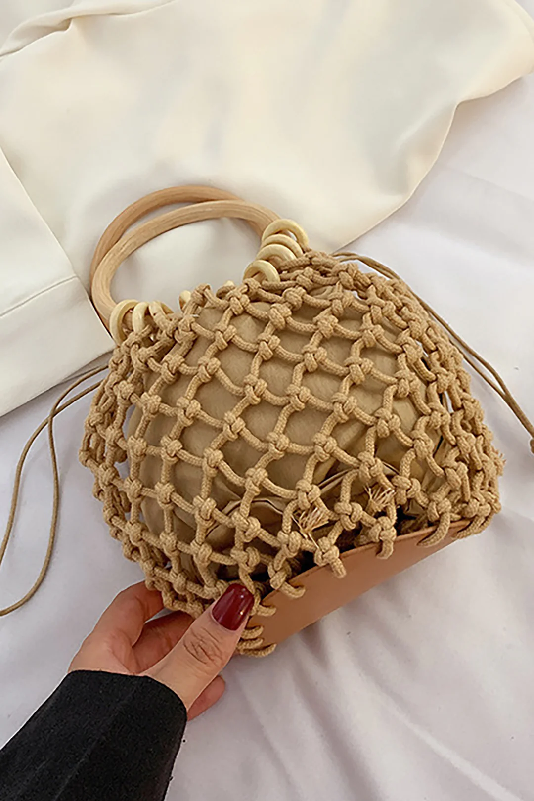 Woven Wooden Handle Tote Bag - Flockneti