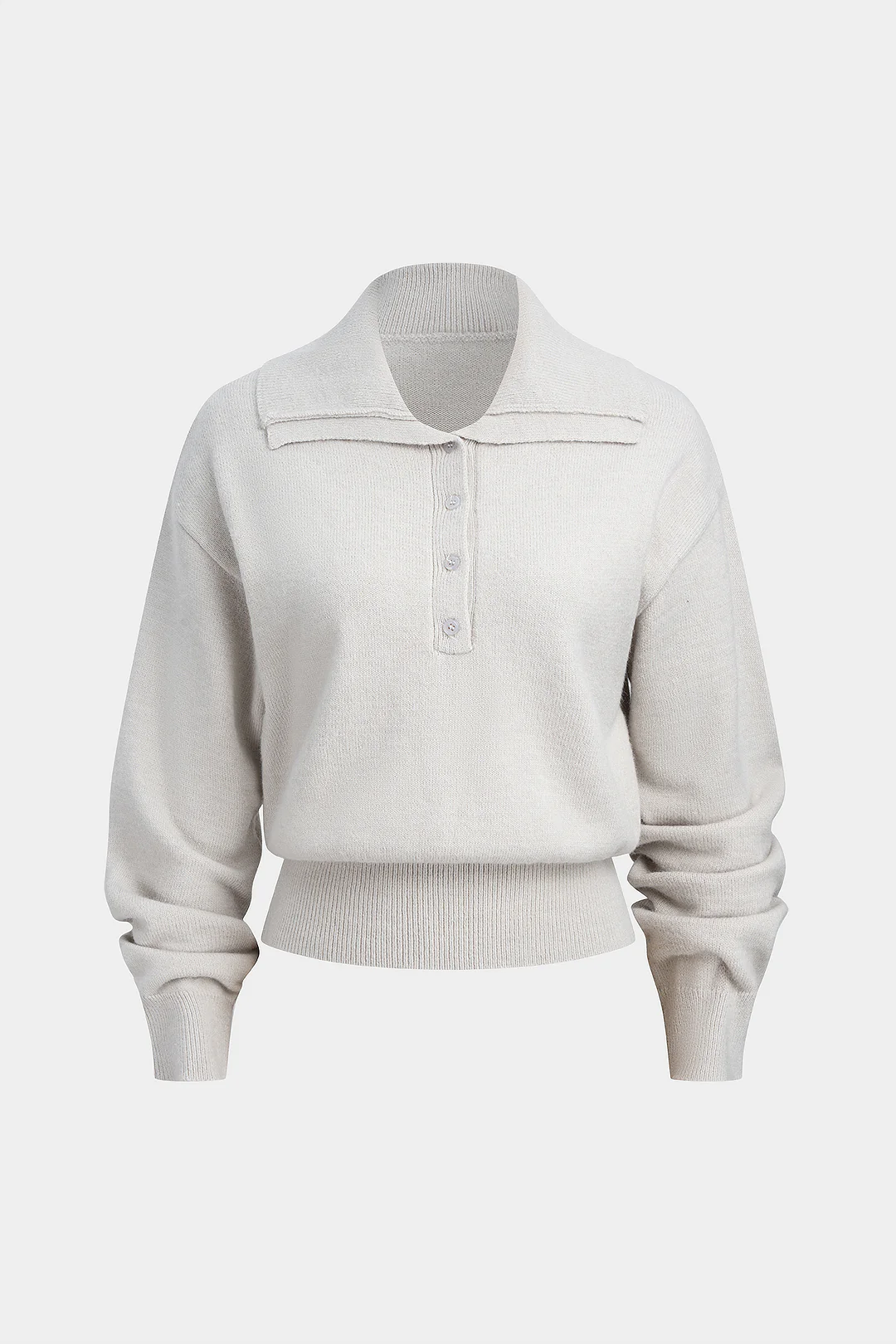 Knit Button Polo Collar Long-Sleeve Top - Flockneti