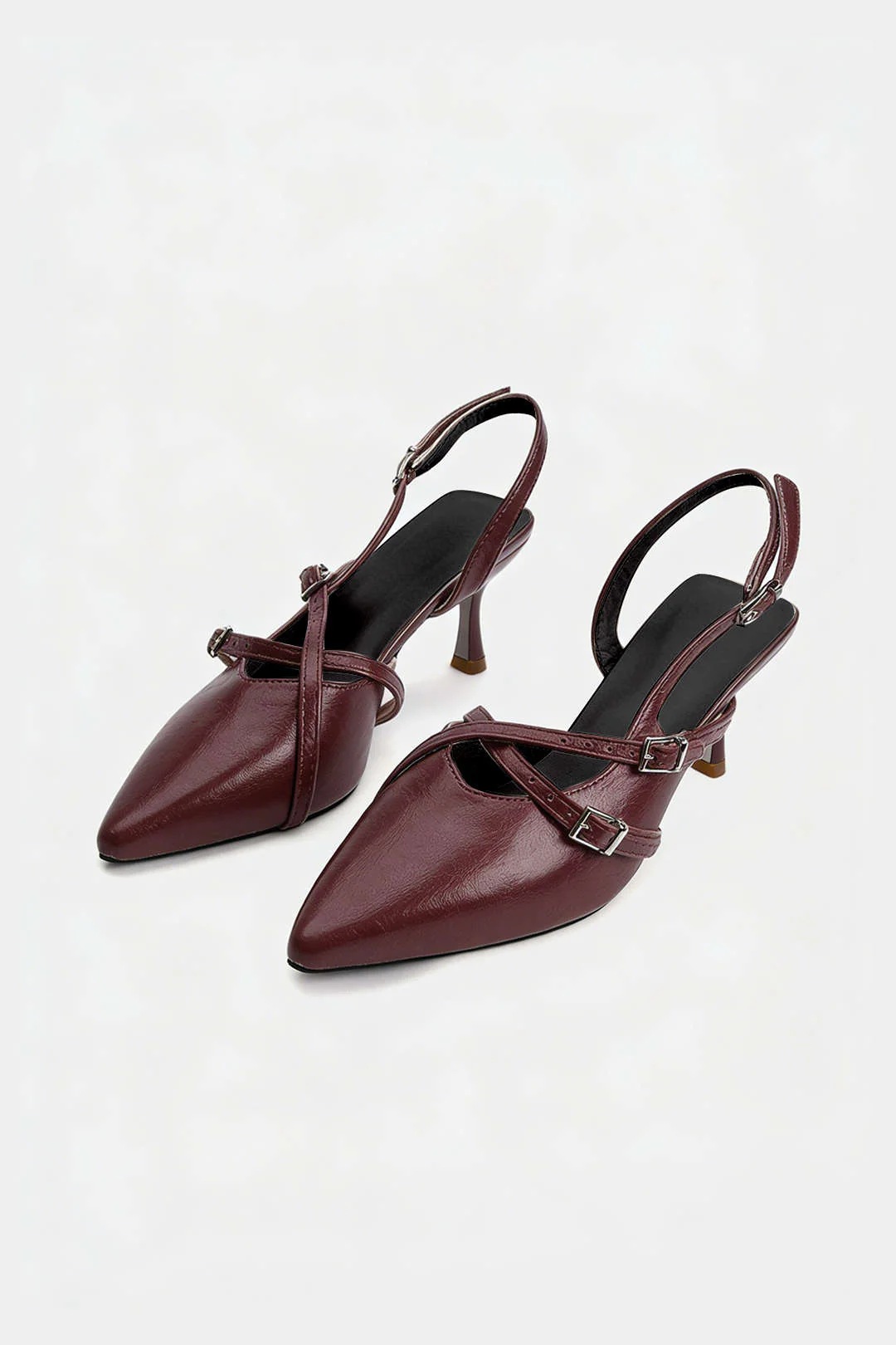 Leather Buckle Pointed Heels - Flockneti