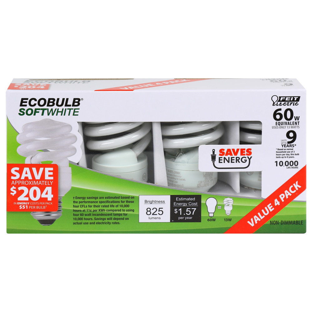 Feit Electric 60W EcoBulb Soft White Mini Twist CFL Bulb 4pk - Flockneti