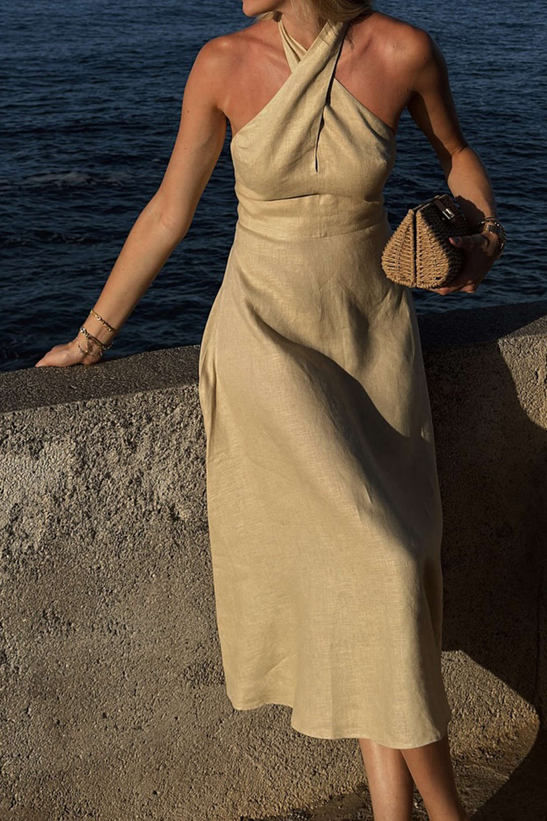 Linen Patchwork Crossed Halter Neck Ruched Sleeveless Midi Dress - Flockneti