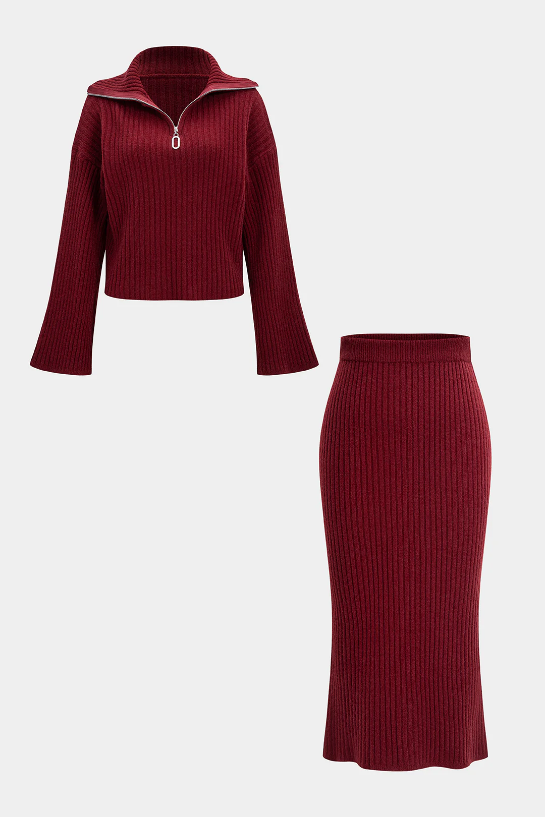 Knit Ribbed Zipper Collar Long-Sleeve Top And Skirt Set - Flockneti
