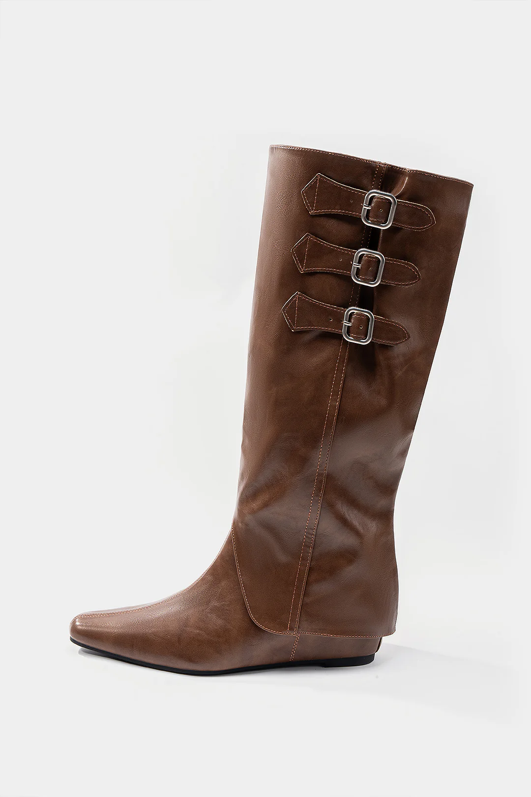 Leather Buckle Pointed Knee High Boots - Flockneti