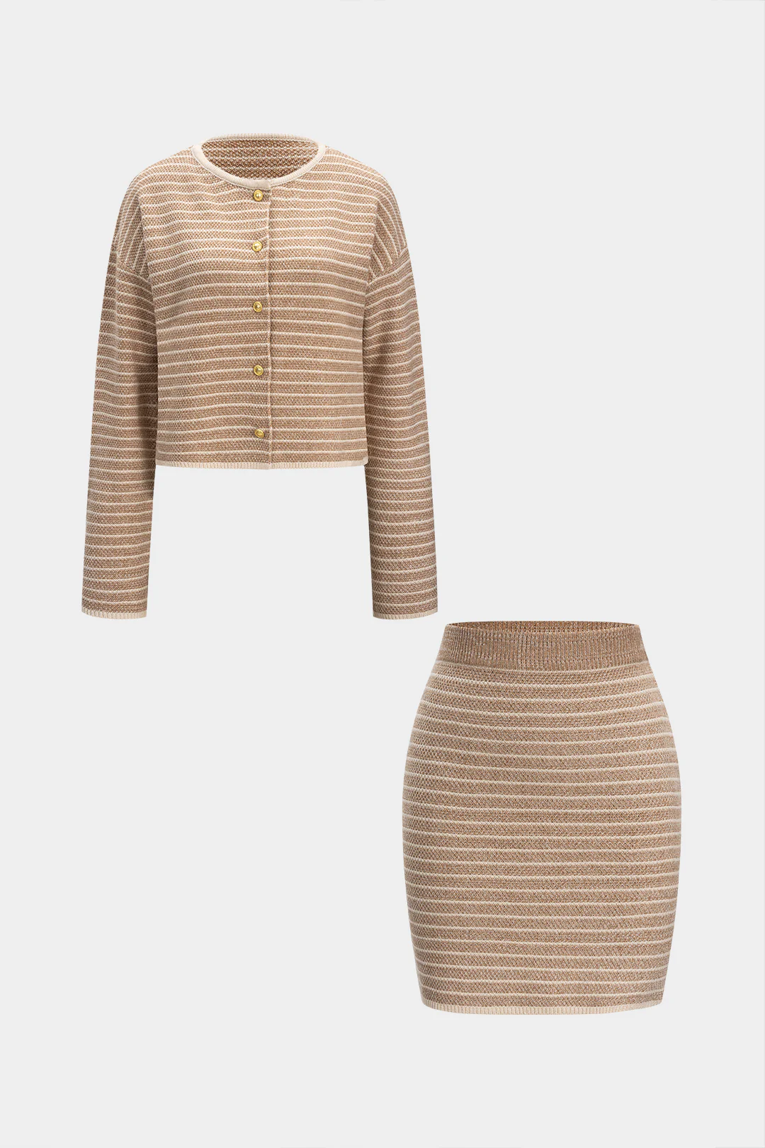 Knit Stripes Print Button Long-Sleeve Top And Mini Skirt Set - Flockneti