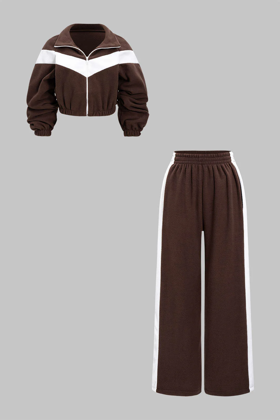 Contrast Ruched Zipper Sweatshirt And Shirred Waistband Pants Set - Flockneti