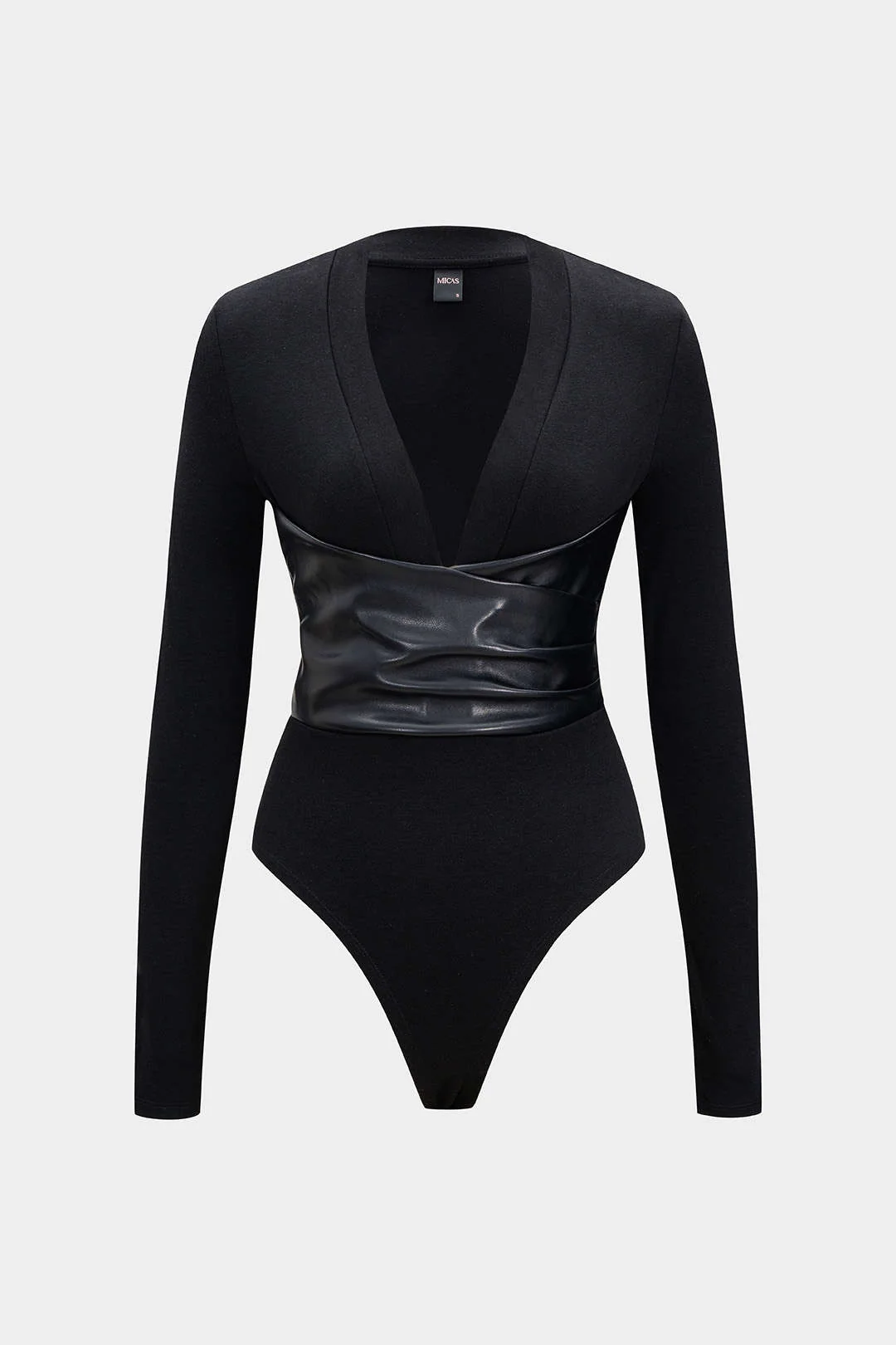 Faux Leather Crossed V-Neck Long Sleeve Bodysuit - Flockneti