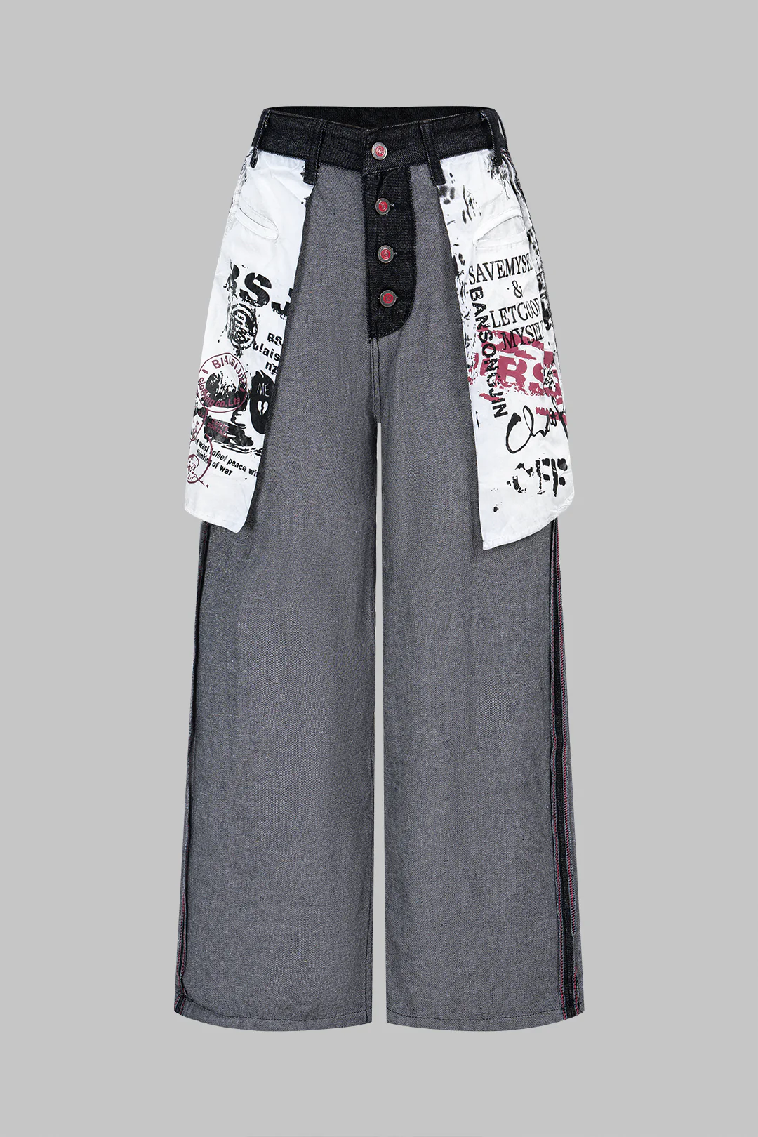Denim Artistic Print Patchwork Button Pocket Wide Leg Jeans - Flockneti