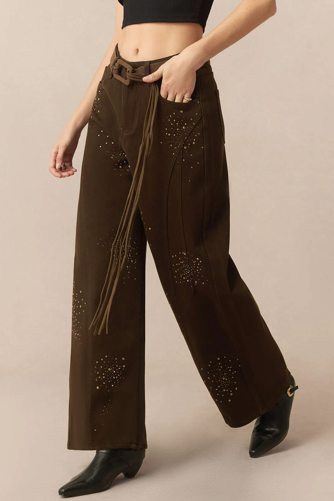 Denim Rhinestone Cecor Blted Wide Leg Jeans - Flockneti