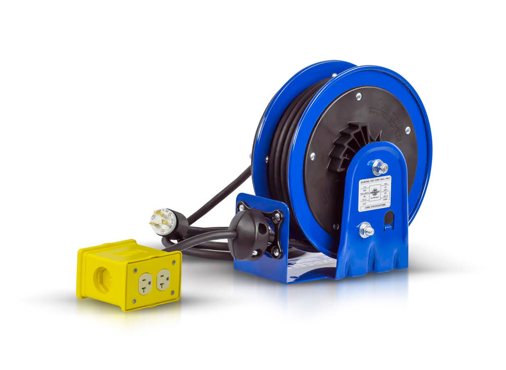 Coxreels Hose Reel 30′ Compact Spring Driven Cord Quad Receptacle with 12GA Steel Base - Flockneti