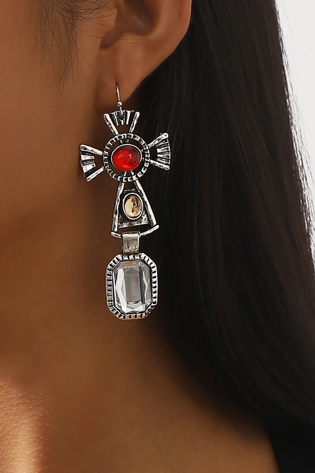 Red Gem Decor Cross Earrings - Flockneti