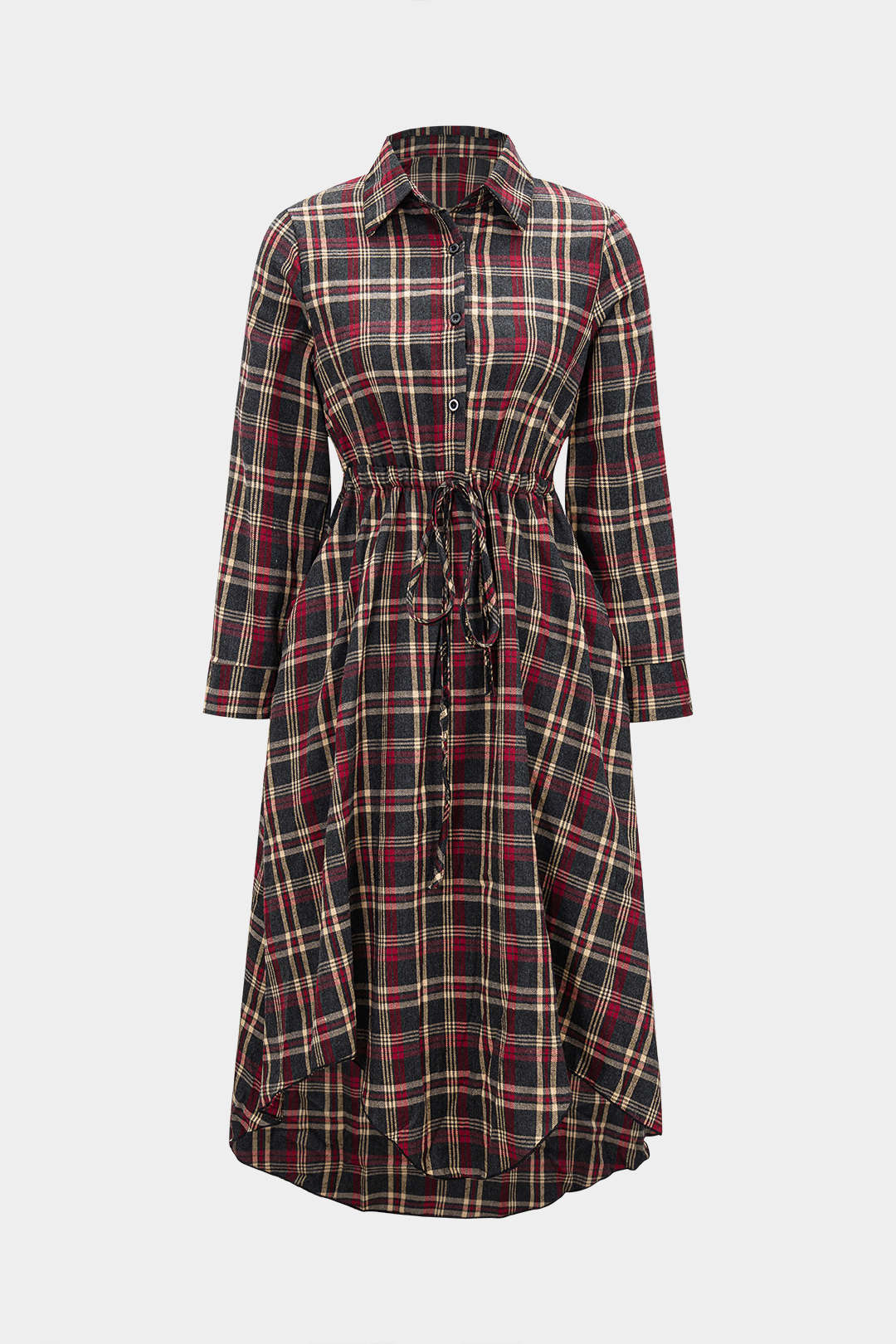 Plaid Print Button Drawstring Asymmetrical Long Sleeve Midi Dress - Flockneti