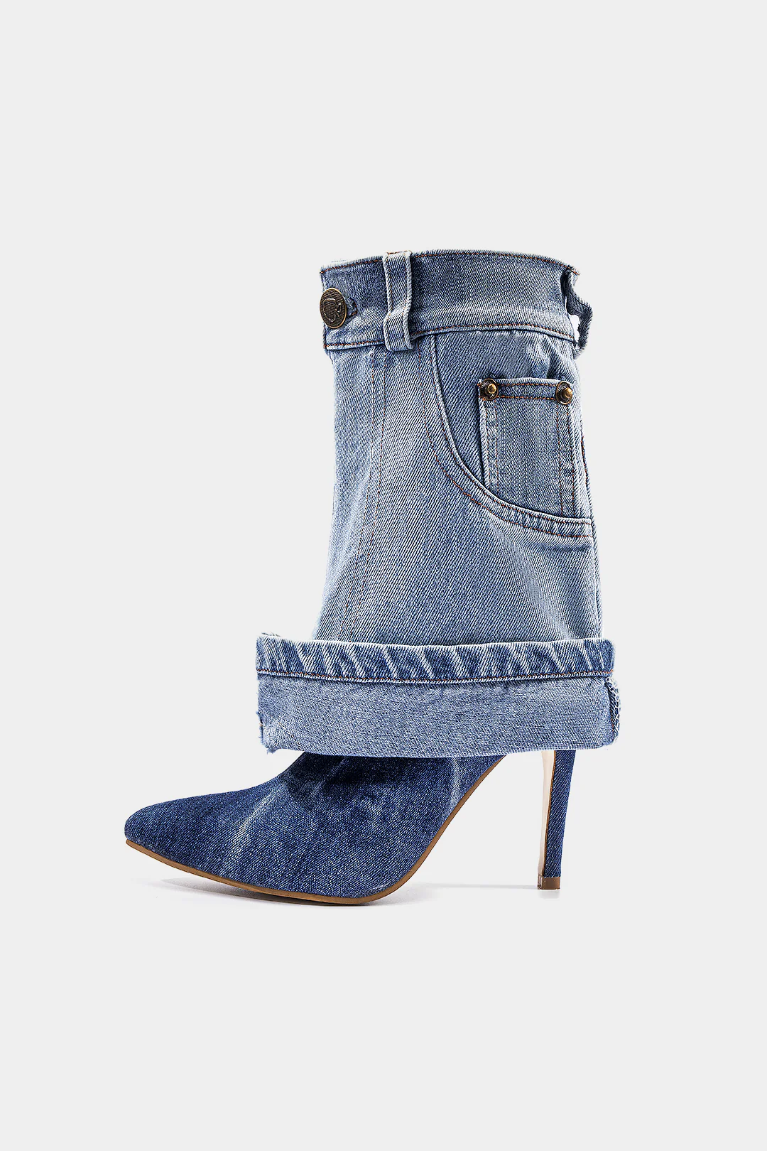 Washed Denim Wrinkled Patchwork Pointed Mid Calf Boots - Flockneti