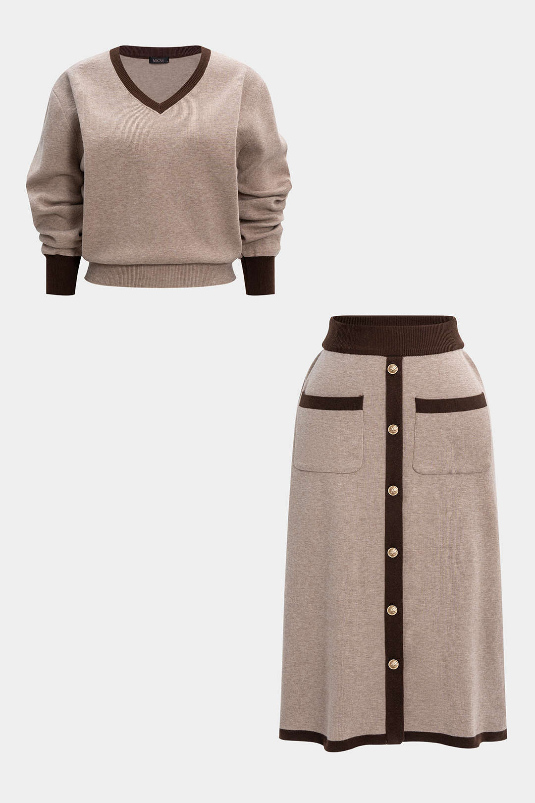 Plus Size Knit Contrast V-Neck Long-Sleeve Top And Pocket Skirt Set - Flockneti