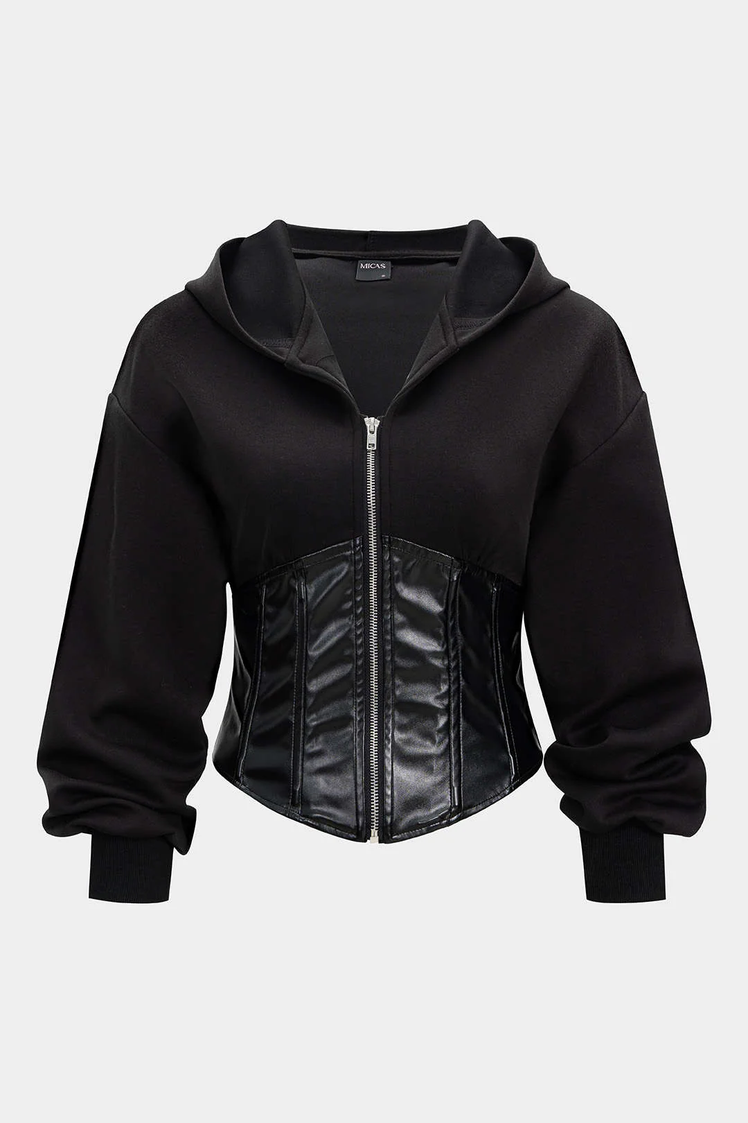 Faux Leather Patchwork Zipper Hoodie - Flockneti