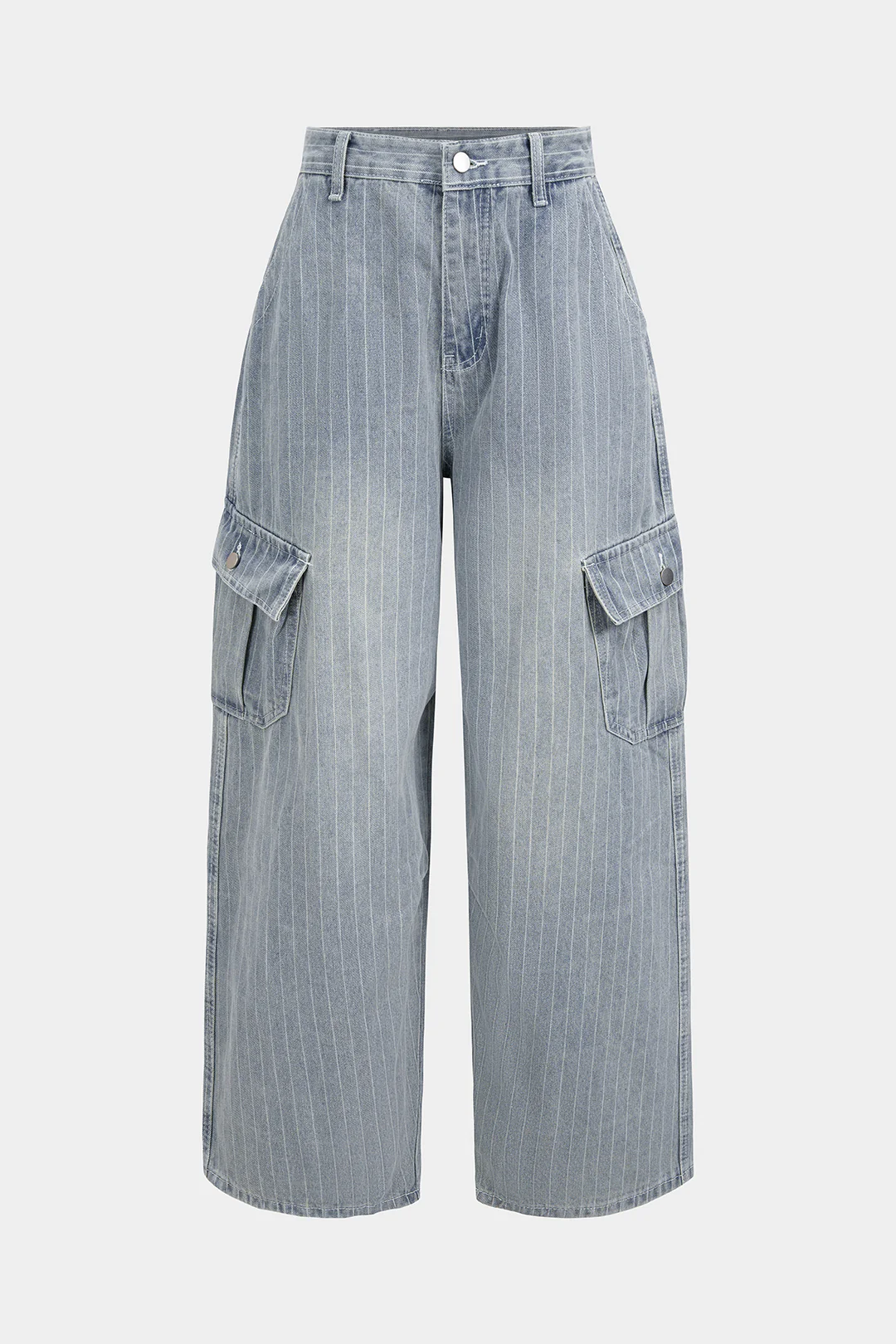 Denim Striped Pocket Wide Leg Jeans - Flockneti