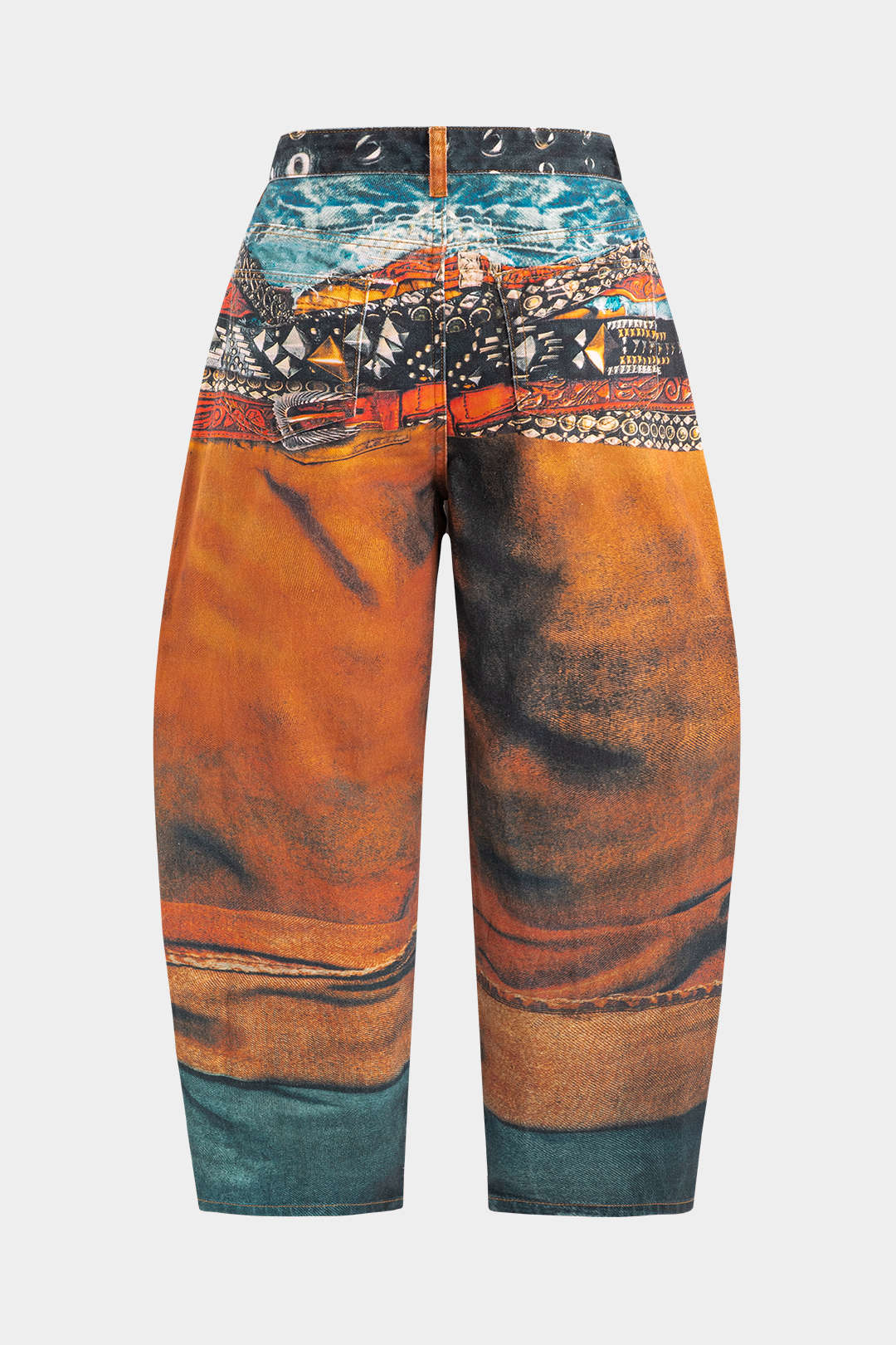Plus Size Abstract Print Denim Zipper Detail High Waist Barrel Pants - Flockneti
