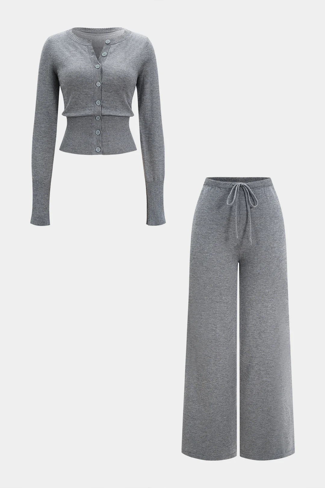 Knit Round Neck Button Cardigan And Tie-Up Wide Leg Pants Set - Flockneti