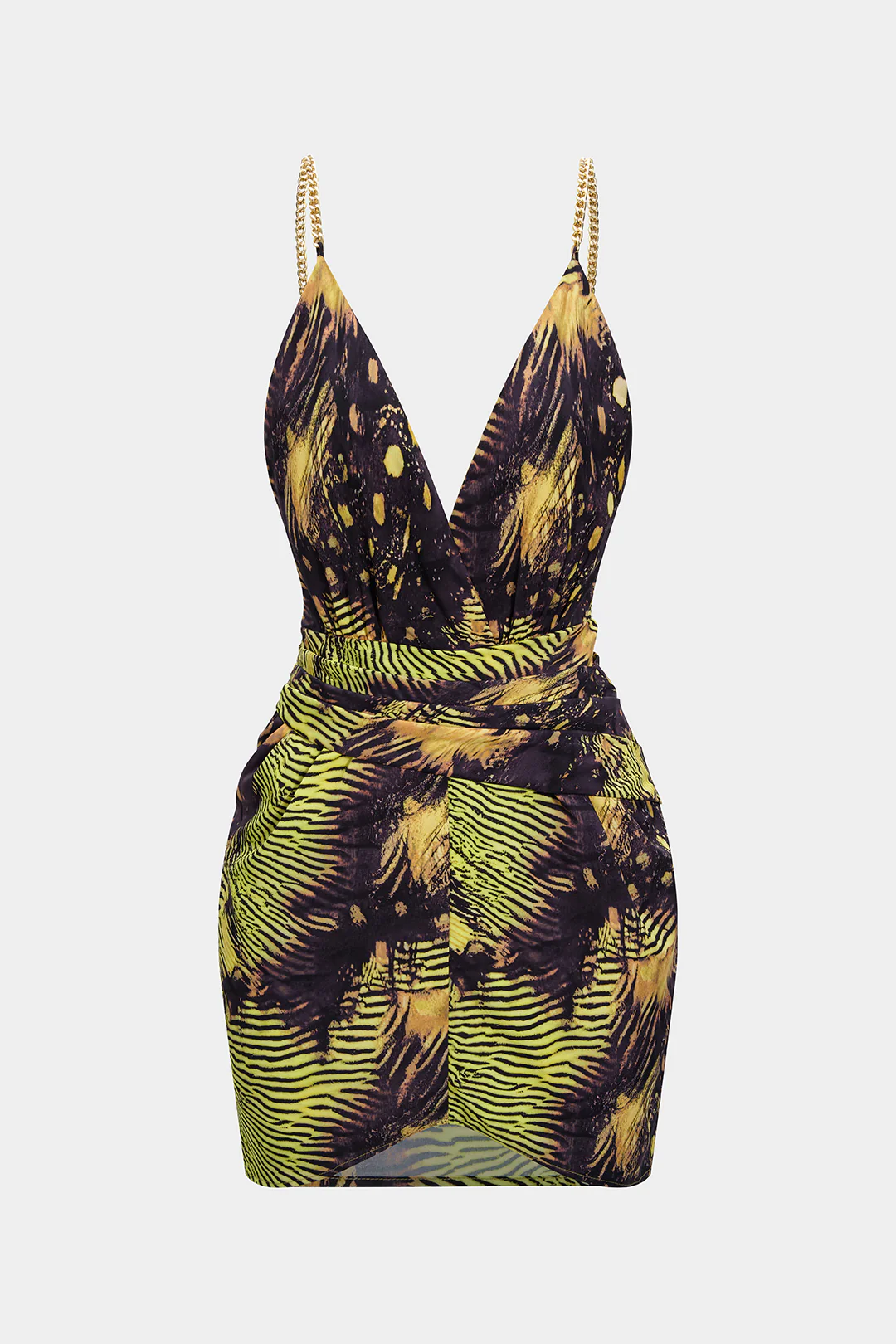 Tropical Print Metallic Chain Asymmetrical Sleeveless Mini Dress - Flockneti