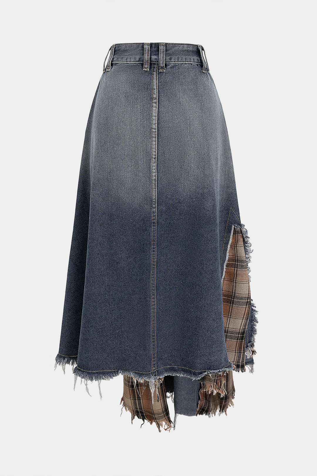 Denim Plaid Print Patchwork Frayed High Waist Skirt - Flockneti