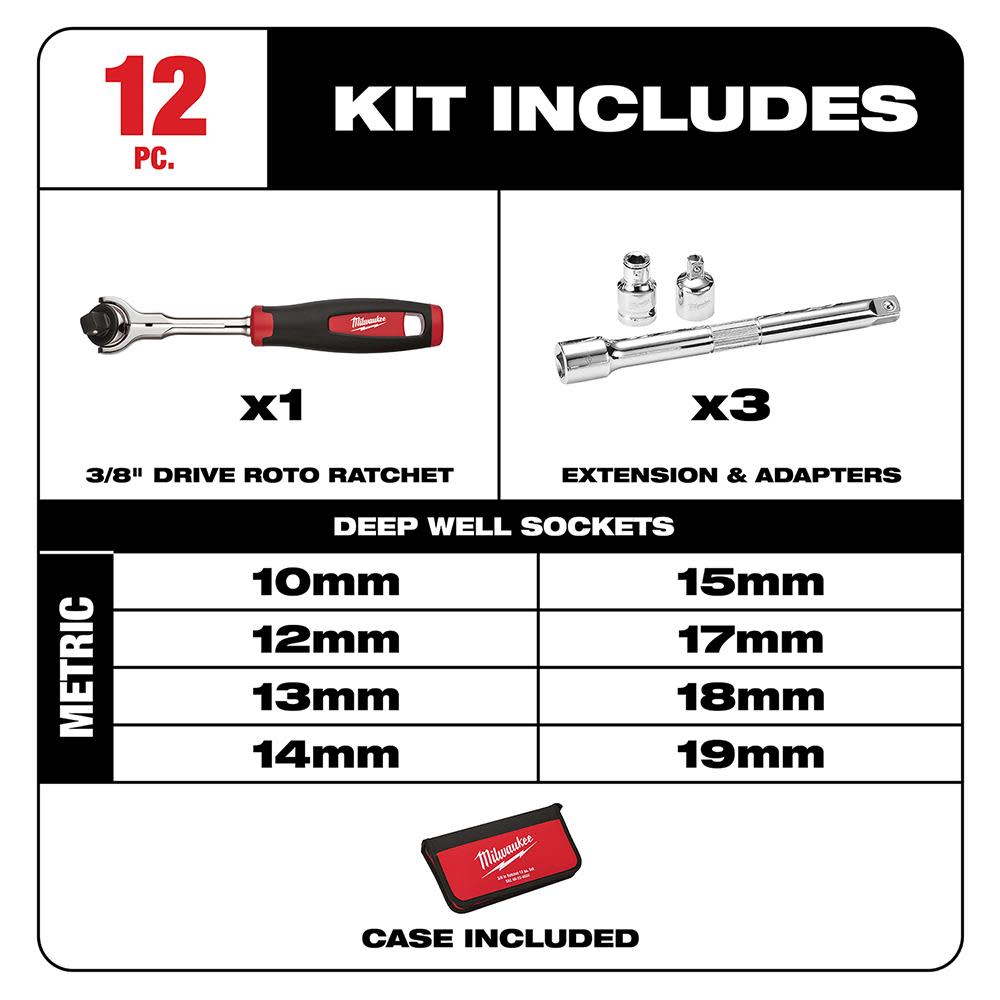 Milwaukee 12-Piece 3/8 in. Drive Metric Socket Set - Flockneti