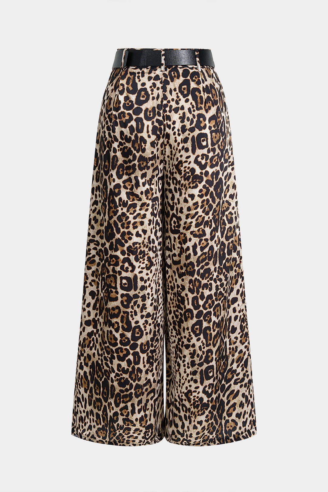 Leopard Print Belted Satin Wide Leg Pants - Flockneti