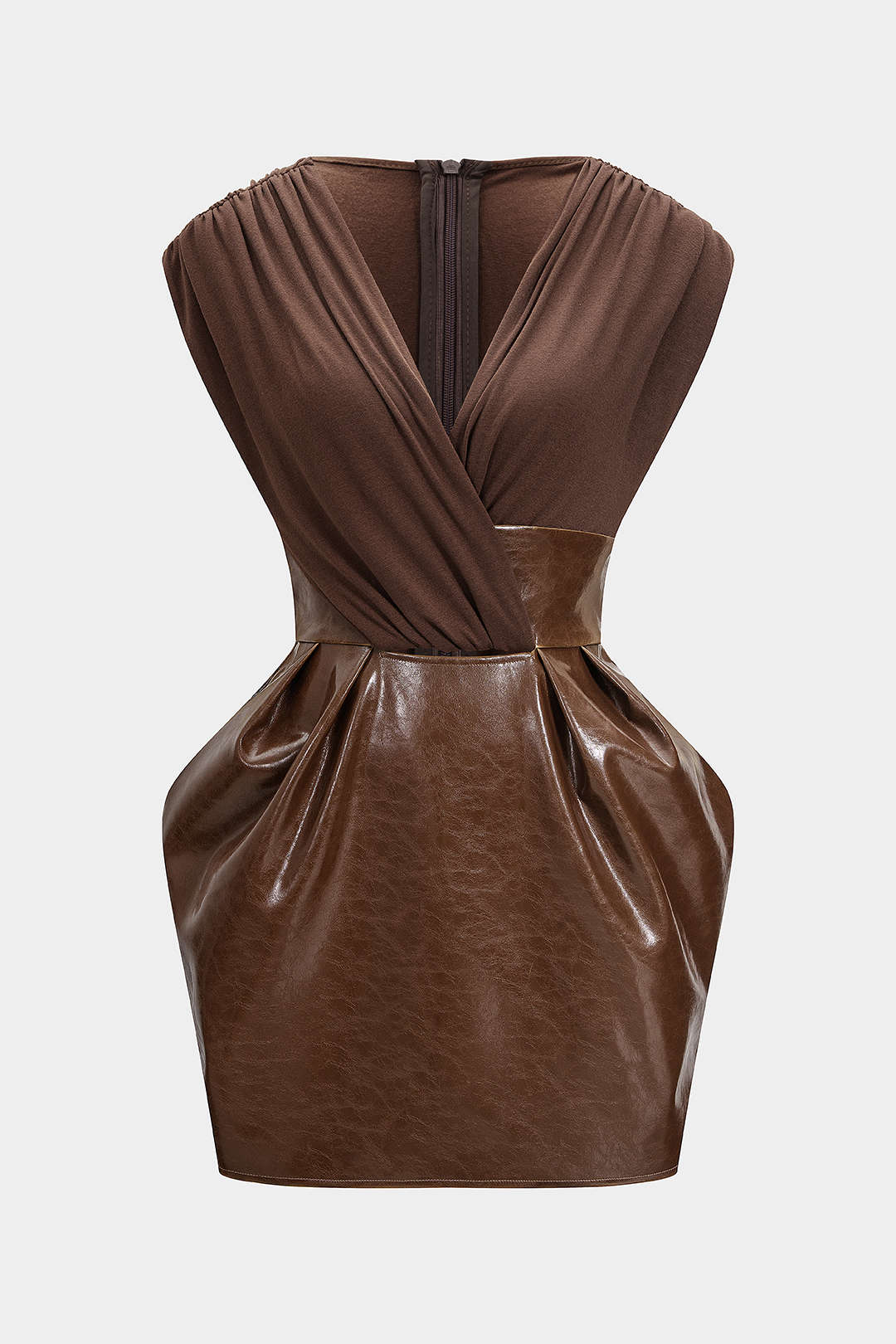 Faux Leather Patchwork V-Neck Ruched Sleeveless Mini Dress - Flockneti