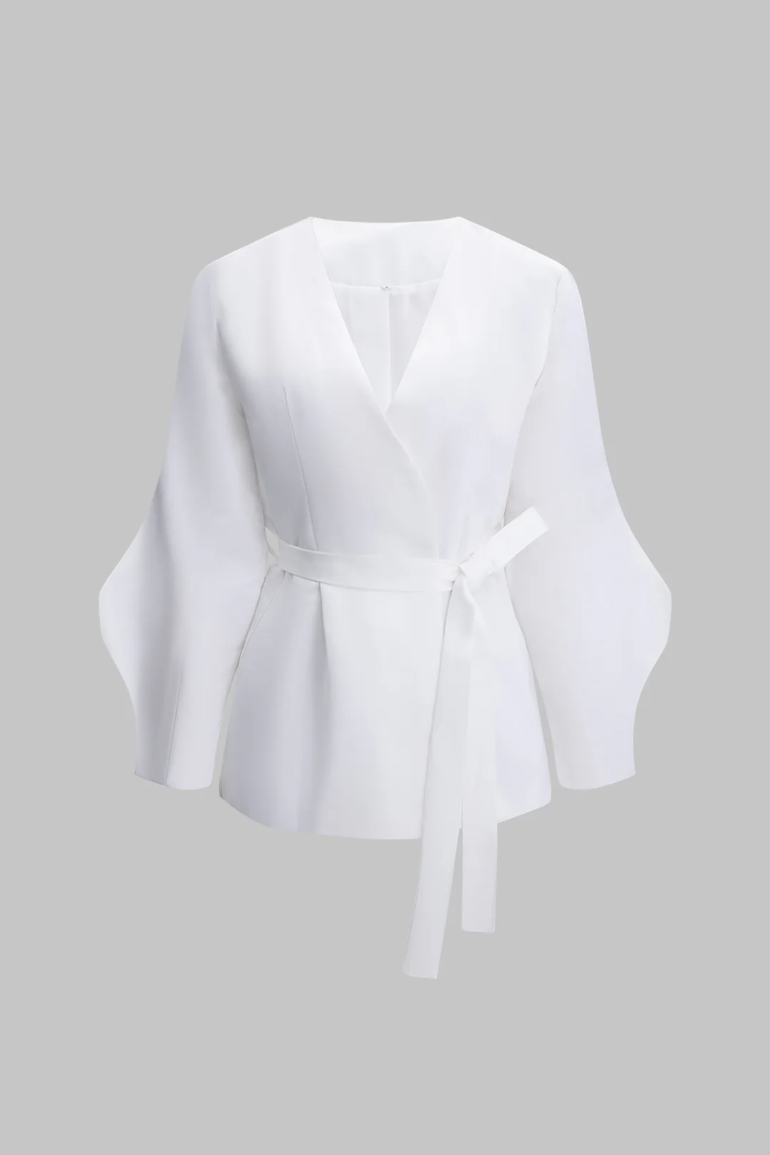 Solid V-Neck Tie Up Long-Sleeve Shirt - Flockneti