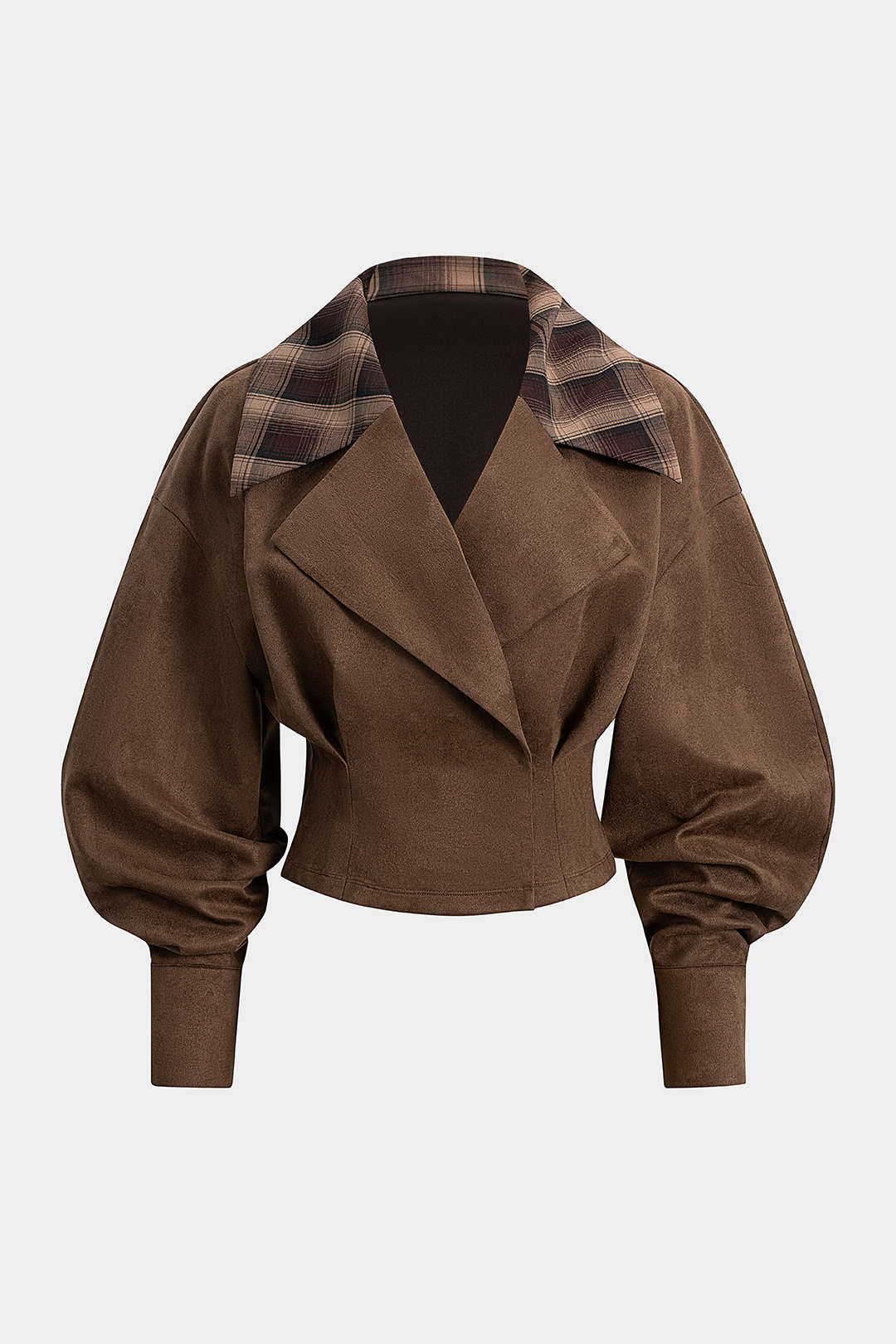 Suede Patchwork Notched Lapel Long-Sleeve Top - Flockneti
