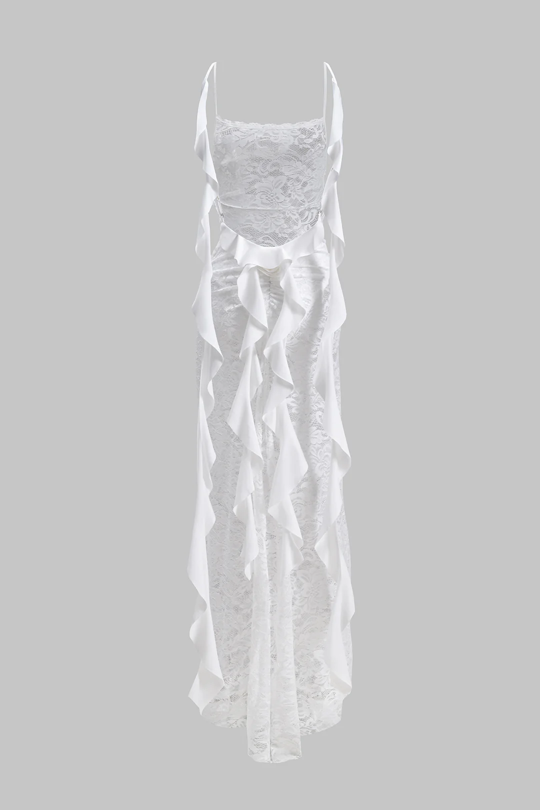 Lace 3D Flower Decor Backless Ruffle Sleeveless Maxi Dress - Flockneti