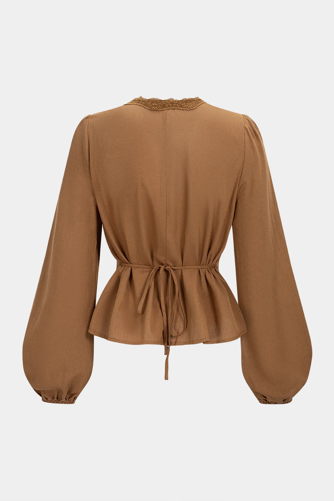 Lace Trim V-Neck Tie-Back Long-Sleeve Shirt - Flockneti