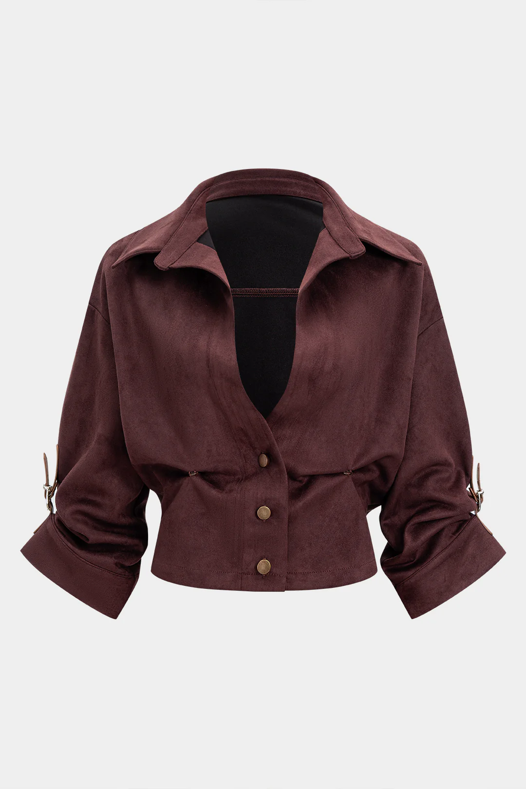 Suede Button Ruched V-Neck Long-Sleeve Shirt - Flockneti